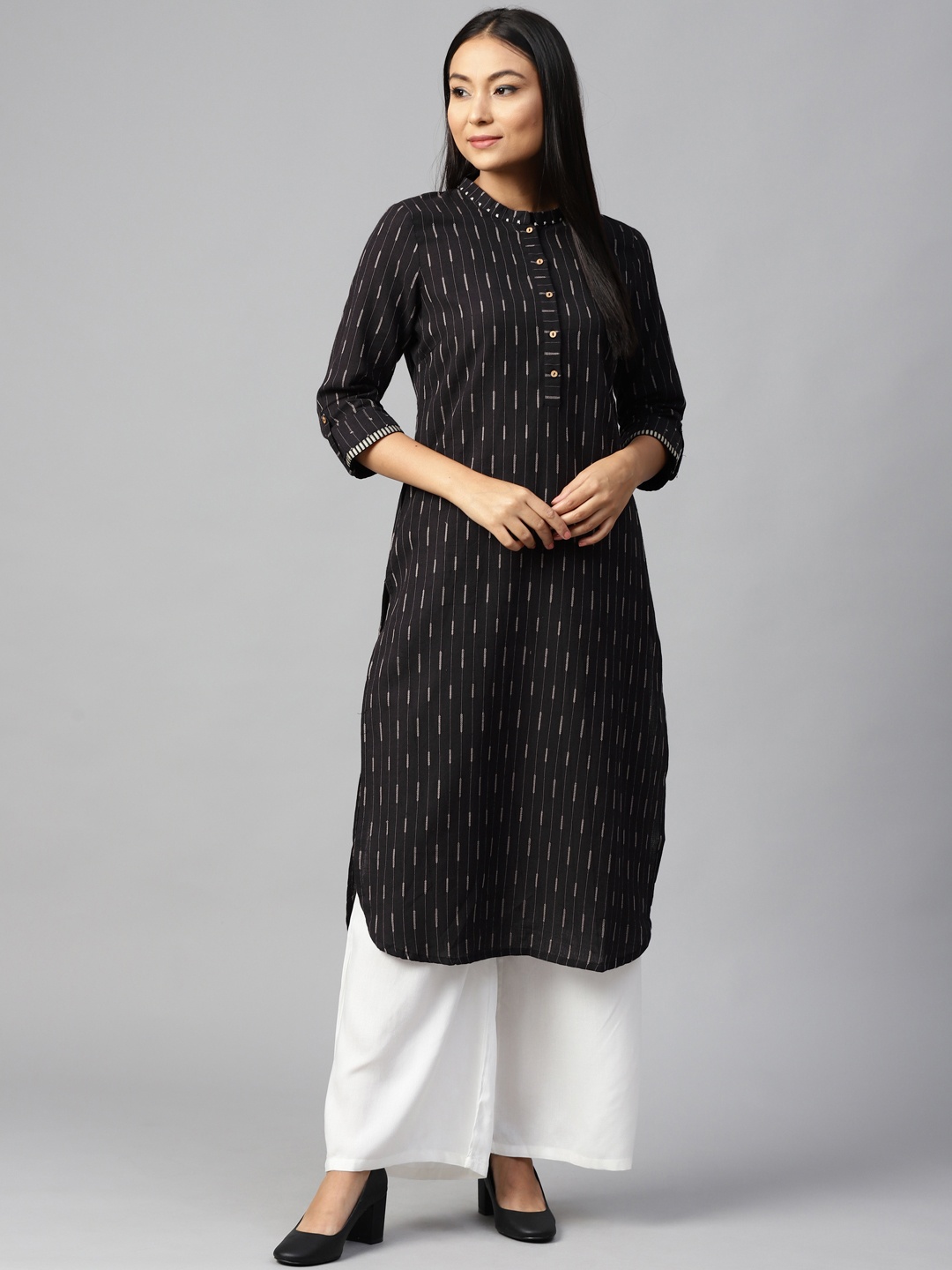 

W Women Straight Cotton Kurta, Black