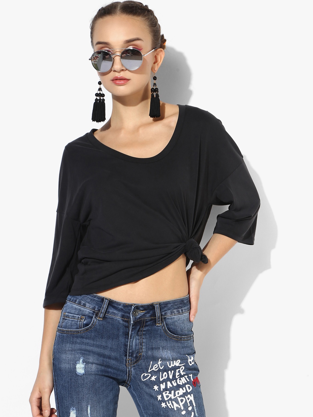 

MANGO Women Black Solid Scoop Neck T-Shirt