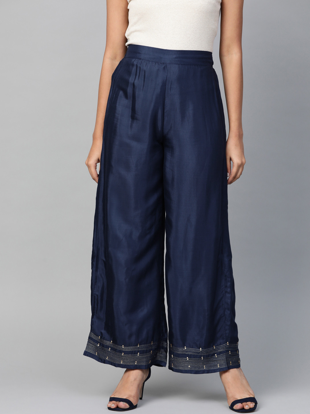 

W Women Navy Blue Hem Design Straight Palazzos