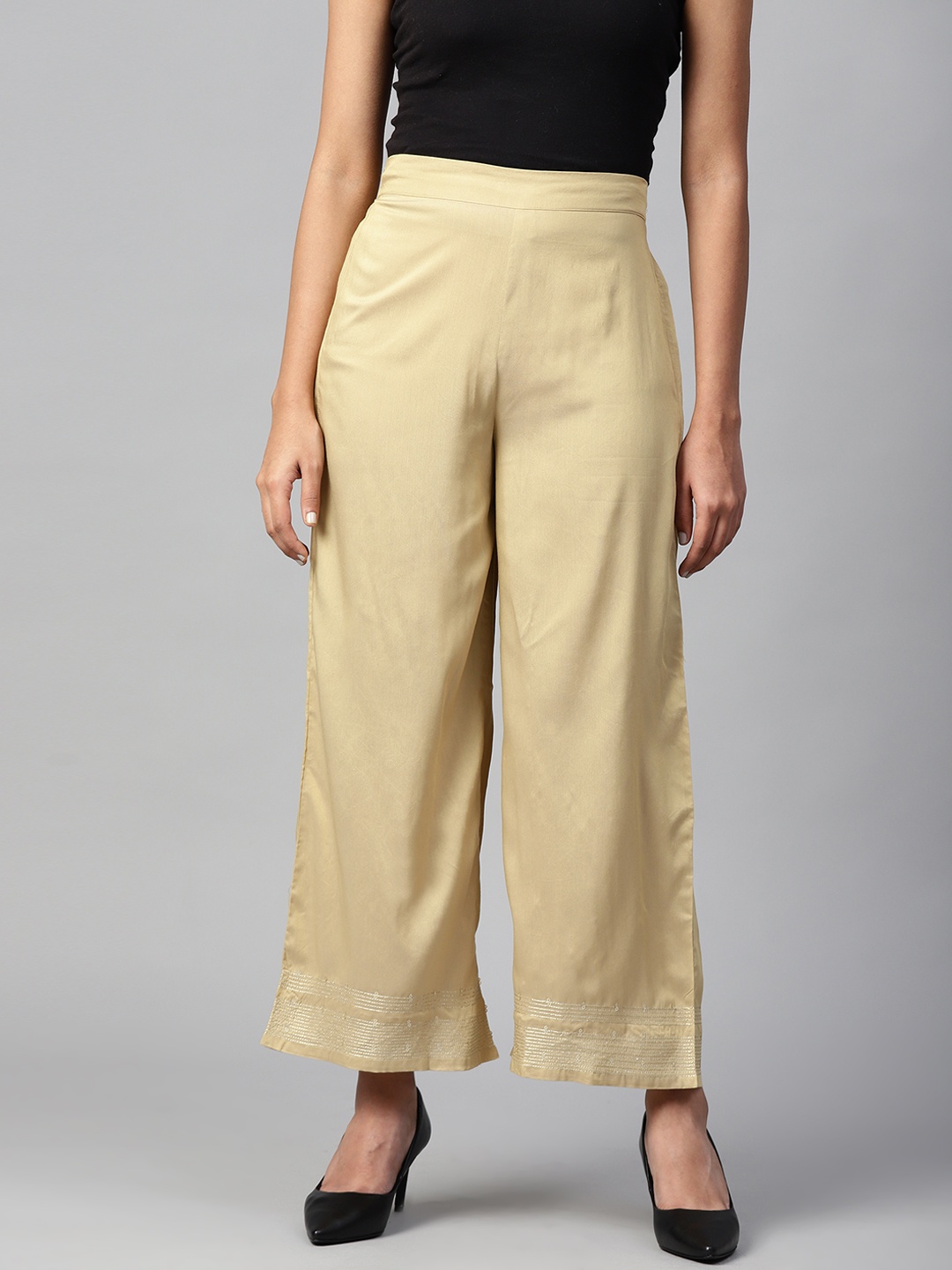 

W Women Beige Solid Straight Palazzos