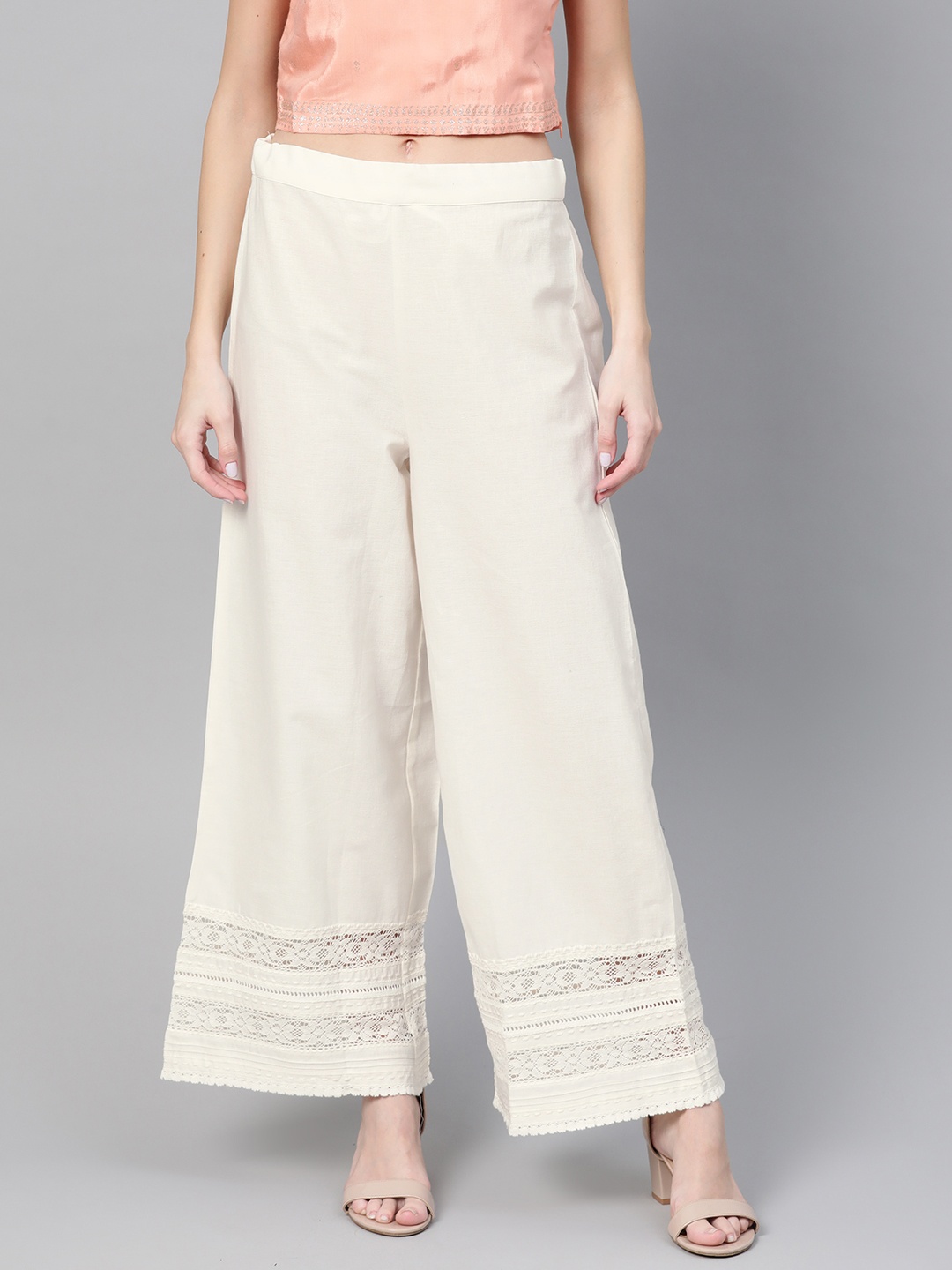 

W Women Off-White Solid Flared Palazzos