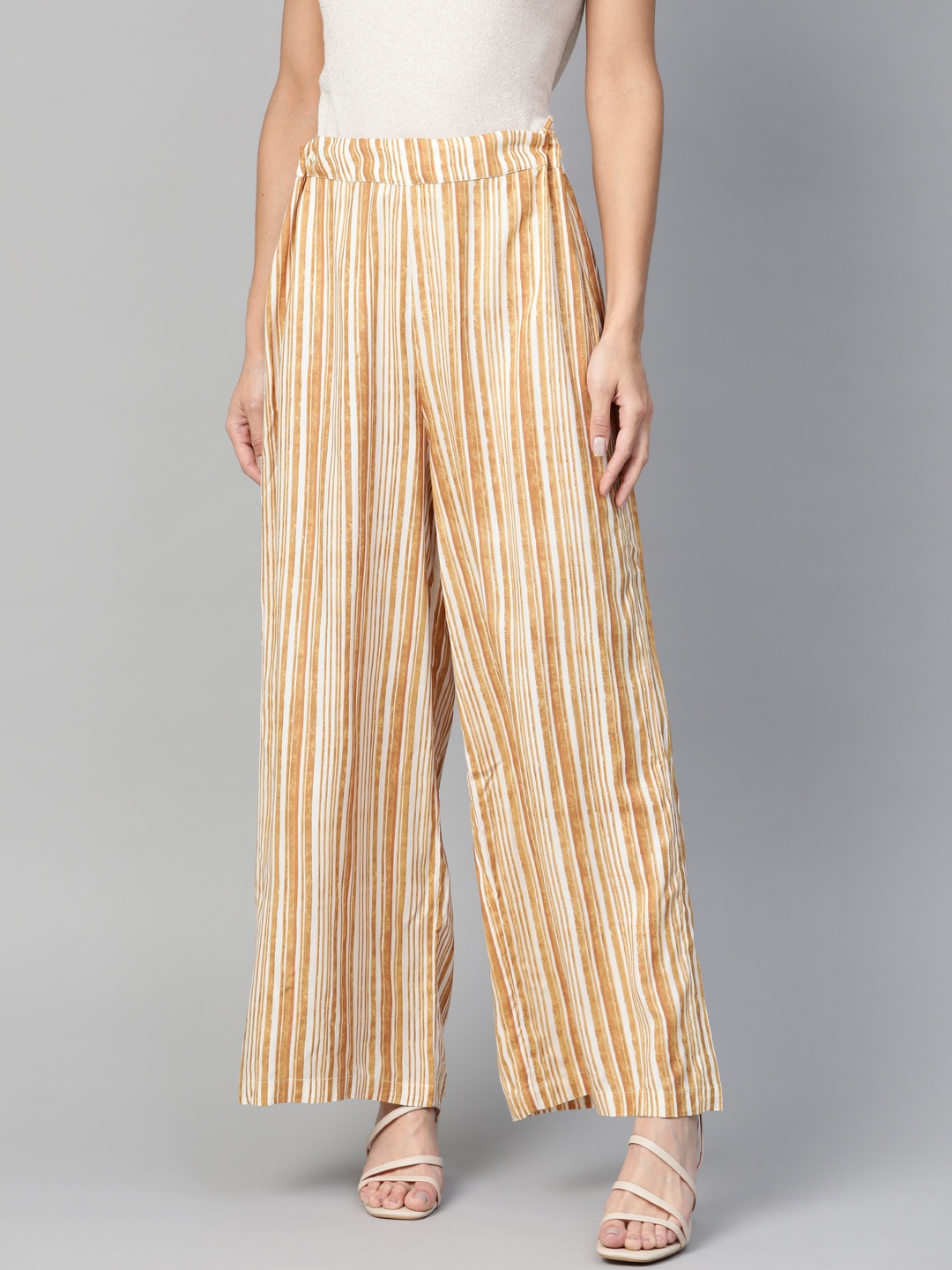 

W Women Mustard Brown & White Flared Striped Parallel Trousers