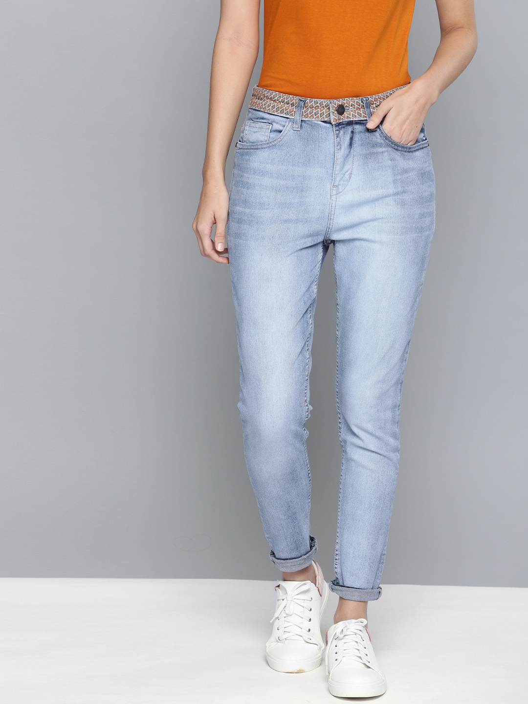 

Mast & Harbour Women Blue Skinny Fit High-Rise Clean Look Printed Detail Stretchable Jeans