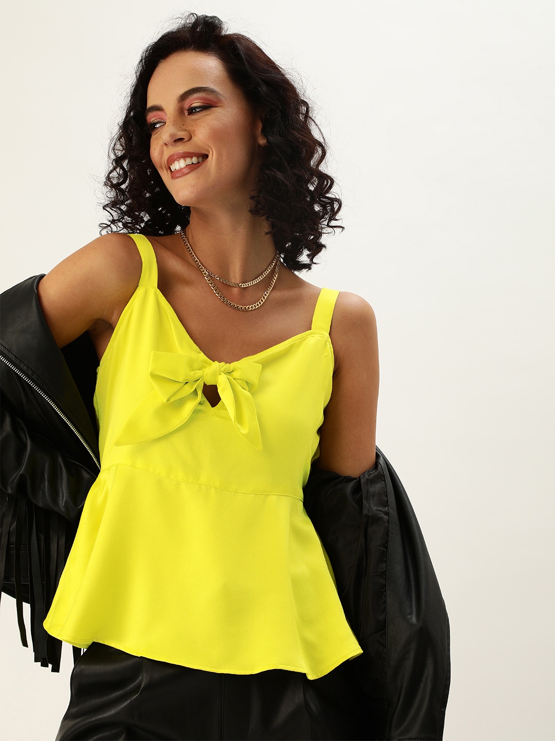 

Antheaa Women Fluorescent Green Solid Peplum Top With Front Knot