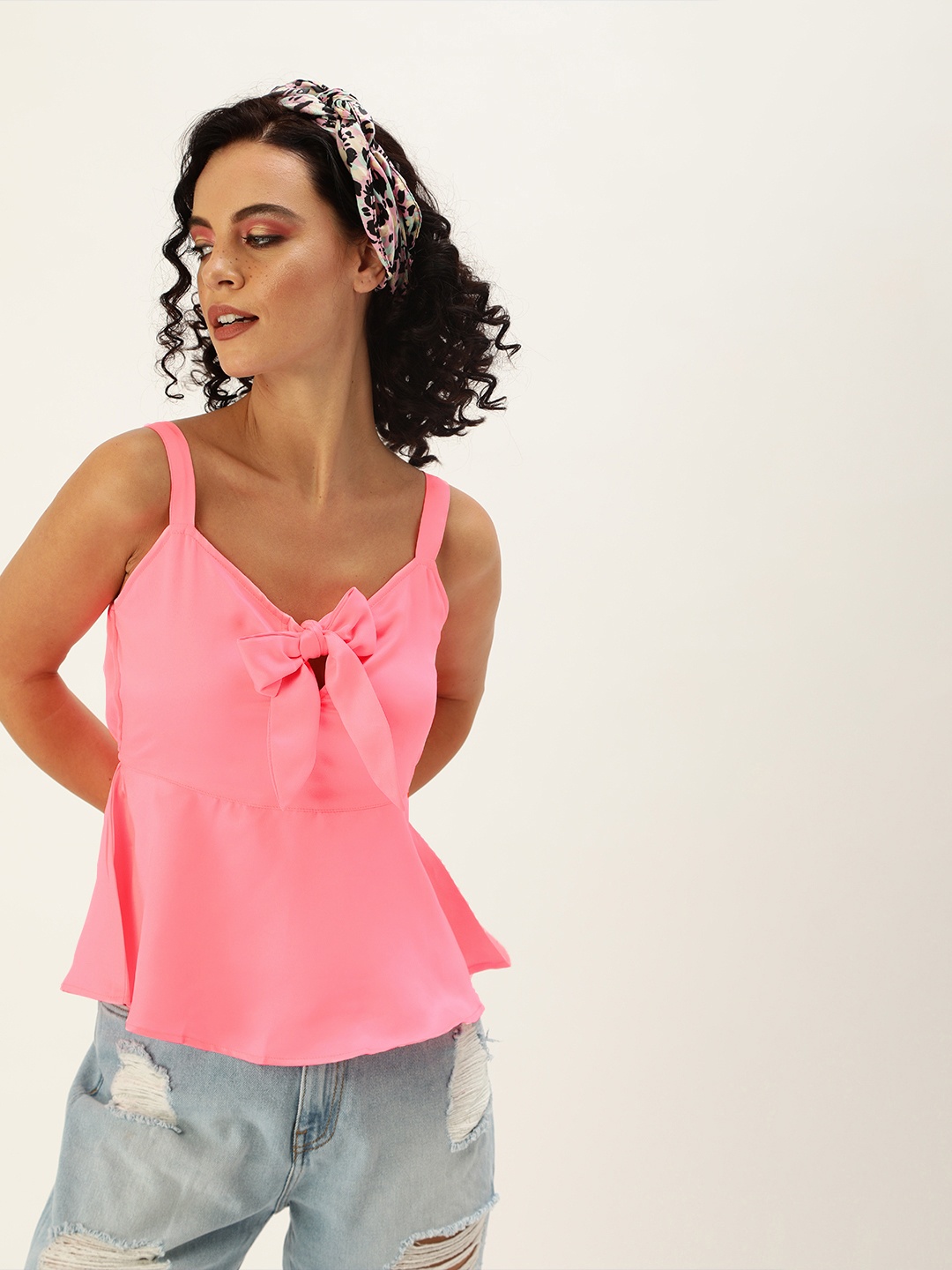 

Antheaa Women Pink Solid Peplum Top With Front Knot