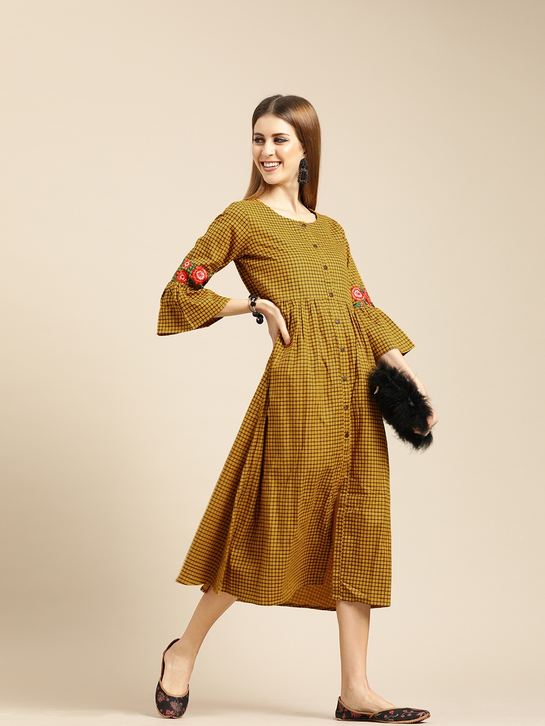 

Varanga Women Mustard Yellow & Brown Checked A-Line Dress with Embroidered Sleeve