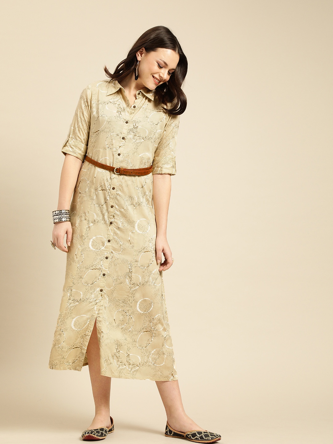 

Varanga Women Beige & White Printed Shirt Dress