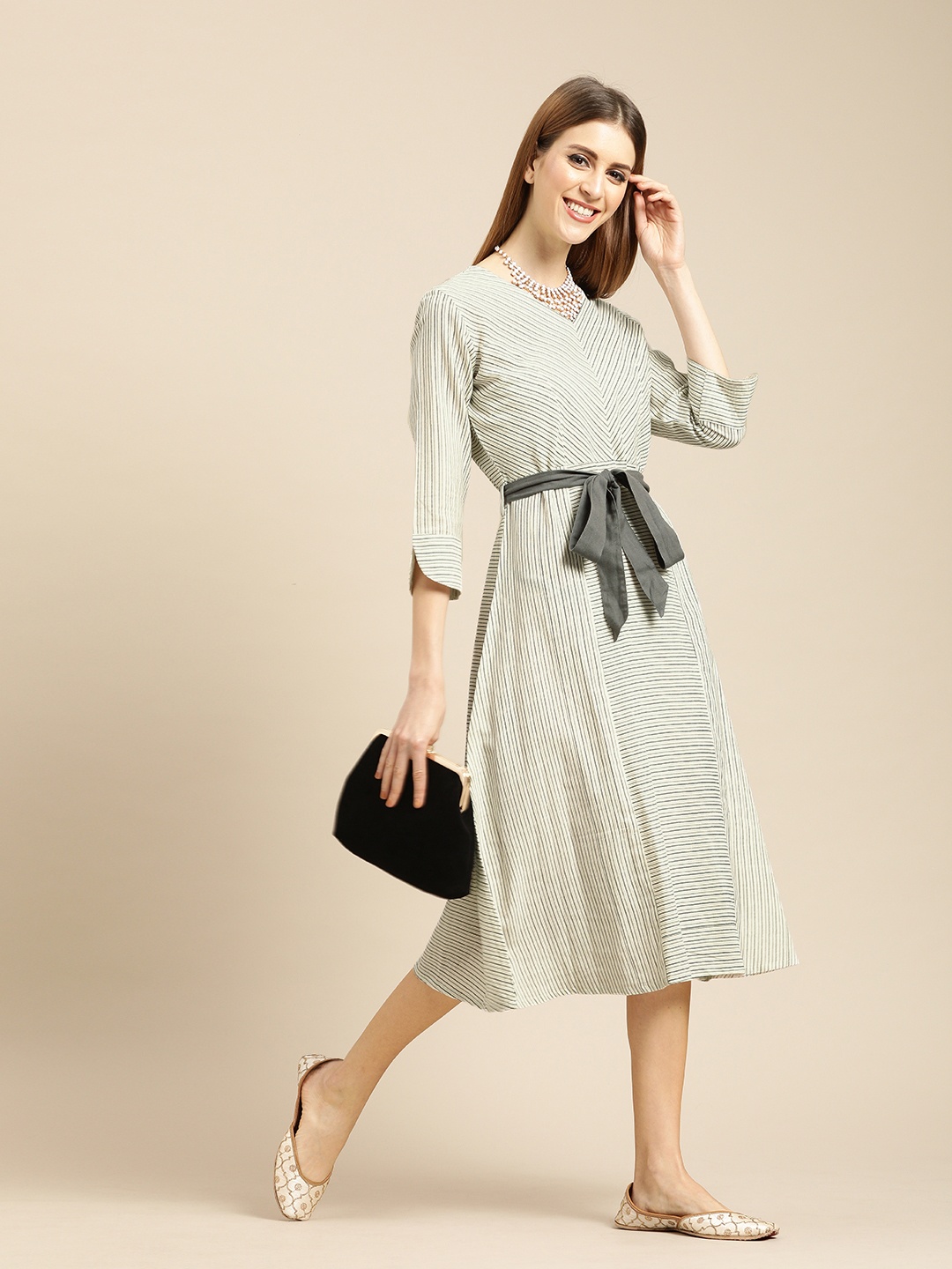 

Varanga Women White & Grey Striped A-Line Dress