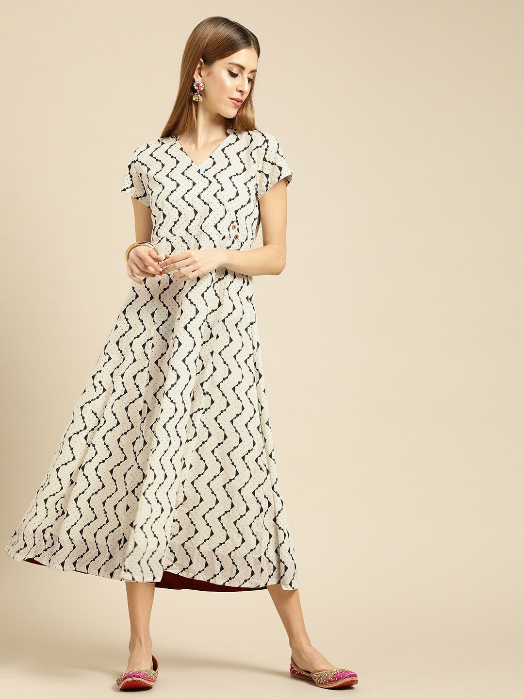 

Varanga Women White & Black Printed Fit and Flare Dress