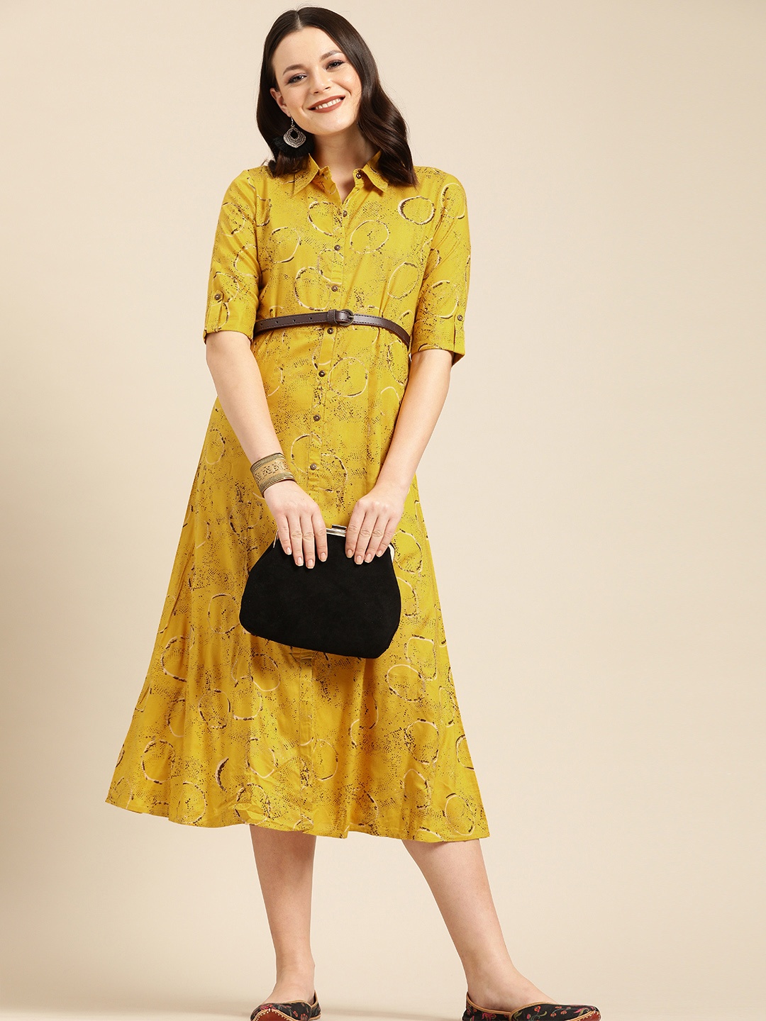 

Varanga Women Mustard Yellow & Brown Printed Shirt Dress