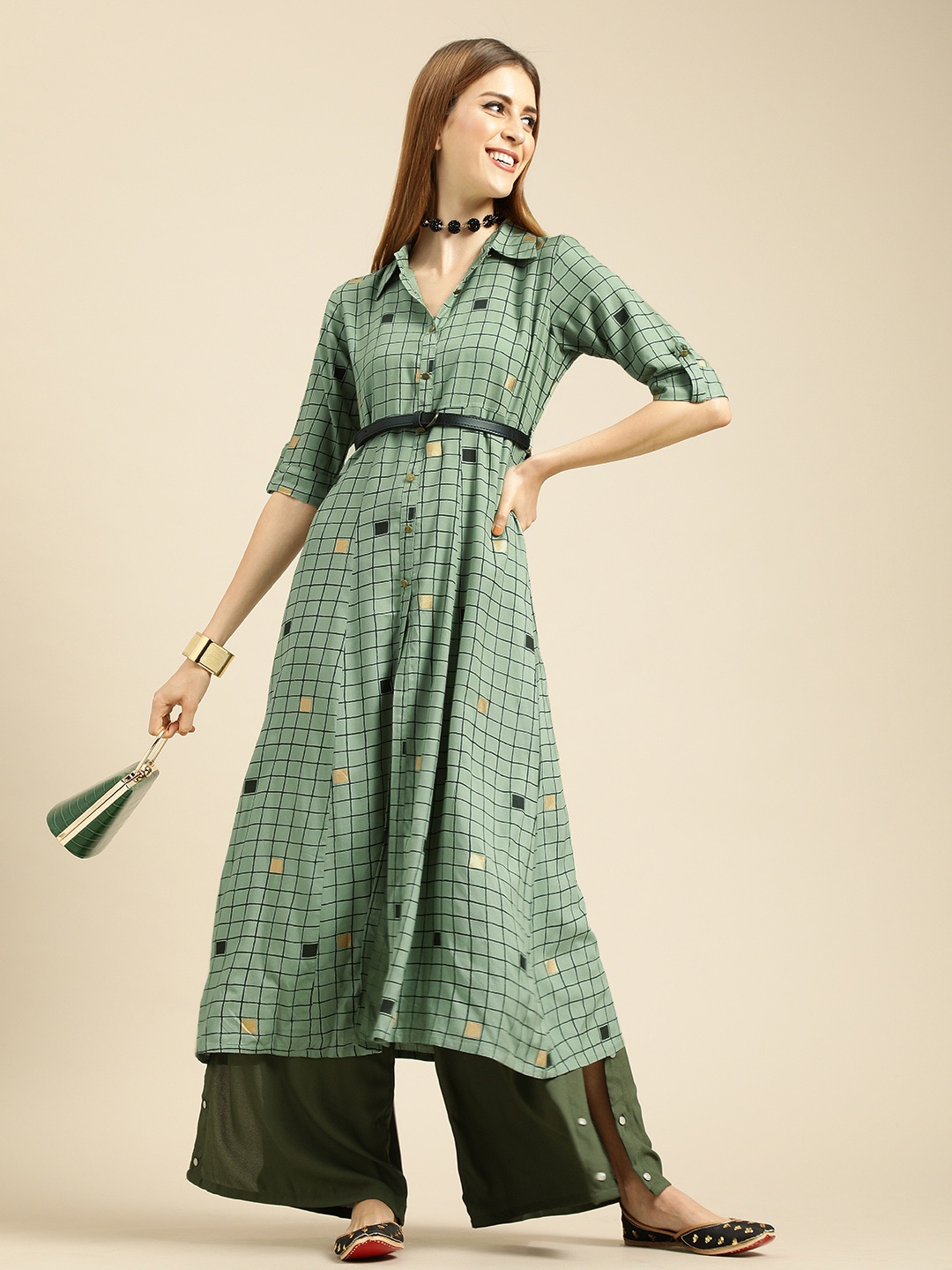 

Varanga Women Sea Green & Black Checked A-Line Kurta