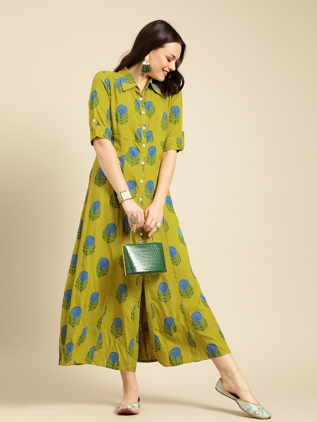 

Varanga Women Olive Green & Blue Printed Shirt Dress