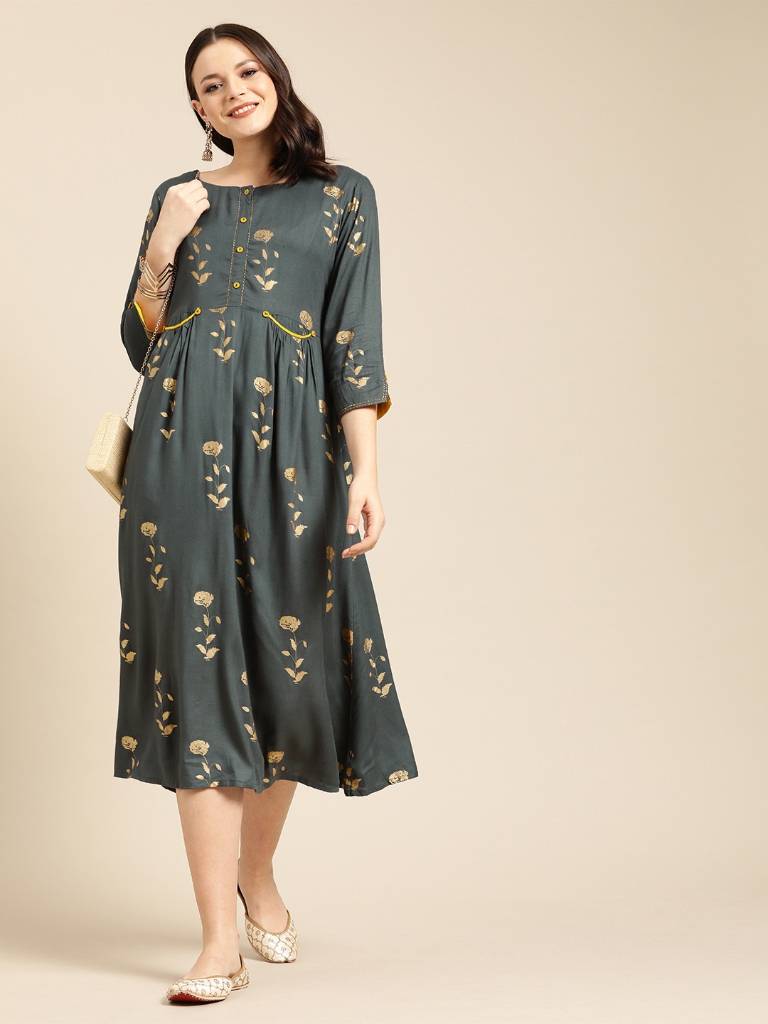

Varanga Women Grey & Gold -Coloured Printed A-Line Dress with Gathered Detail