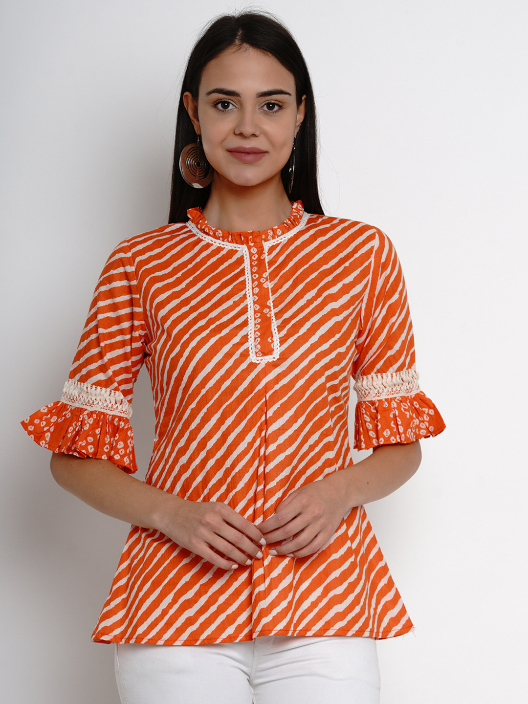 

Bhama Couture Women Orange & White Leheriya Print A-Line Top