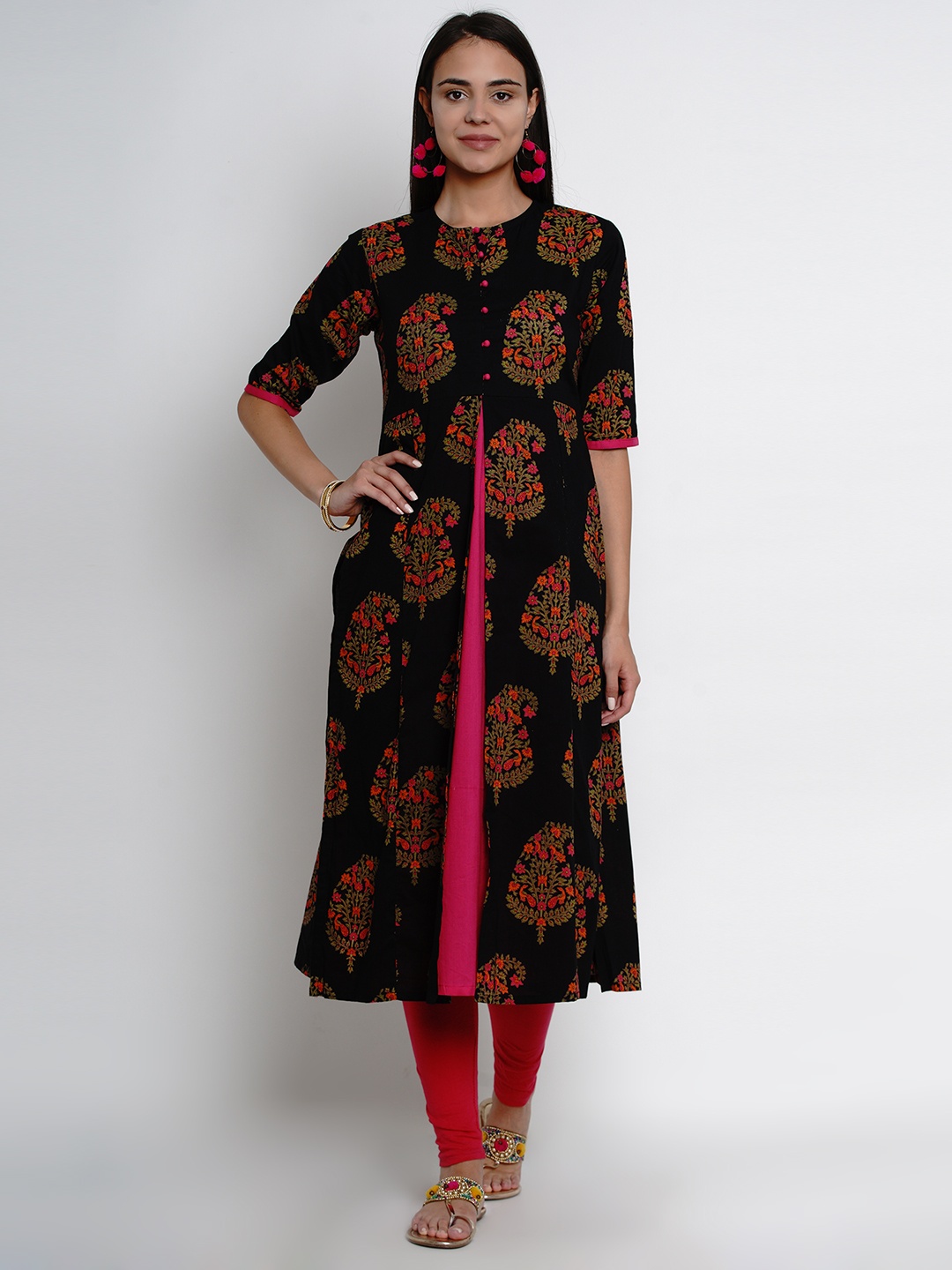 

Bhama Couture Women Black & Pink Printed A-Line Layered Kurta