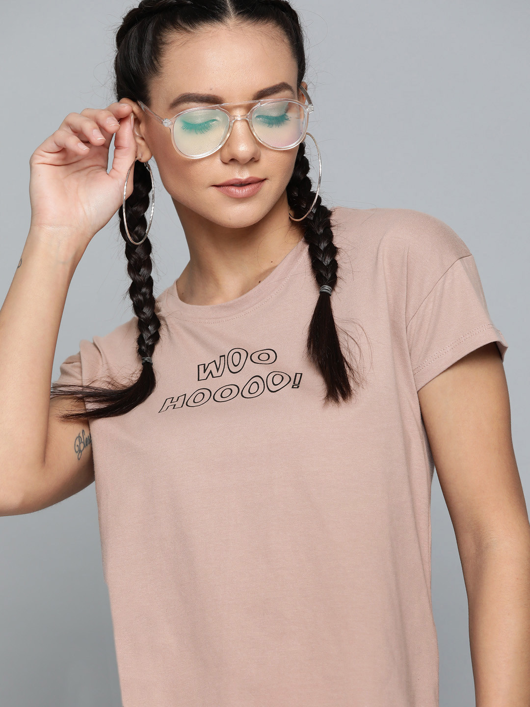 

Kook N Keech Women Dusty Pink Printed Round Neck Pure Cotton T-shirt