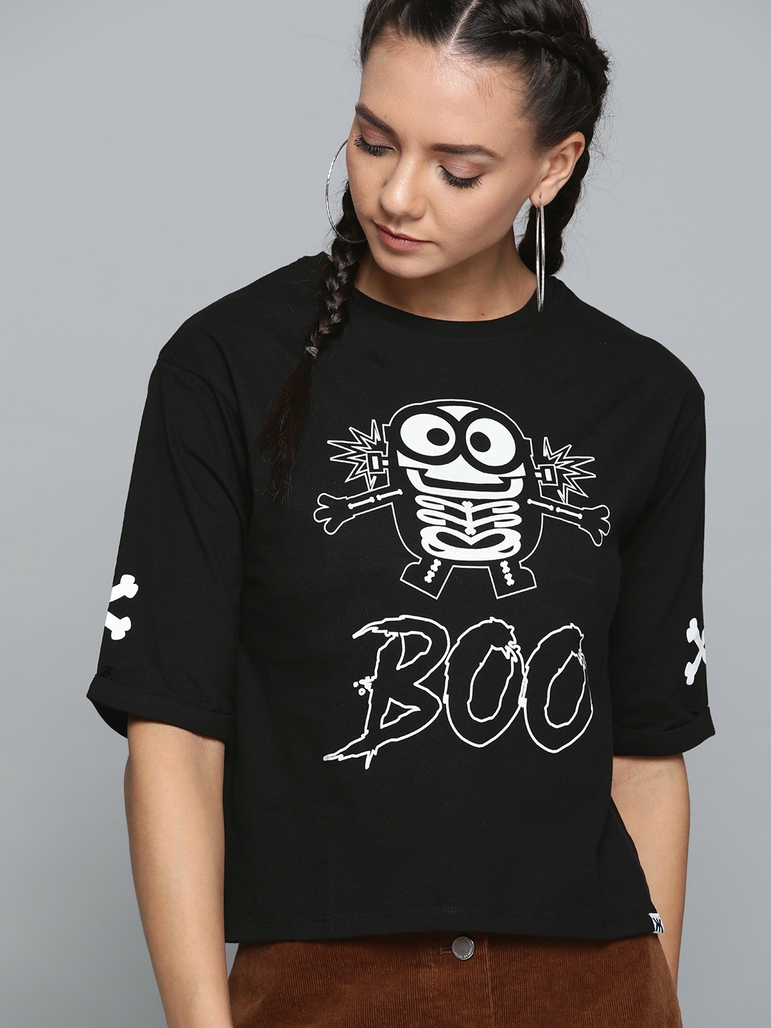 

Minions by Kook N Keech Women Black & White Boxy Minions Print Round Neck T-shirt