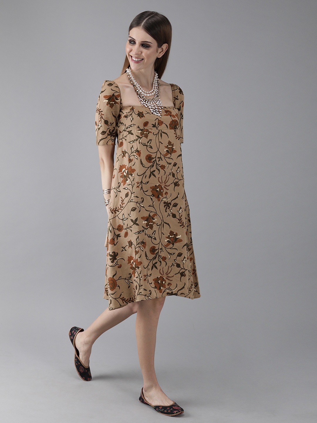 

AKS Women Brown & Green Printed A-Line Dress
