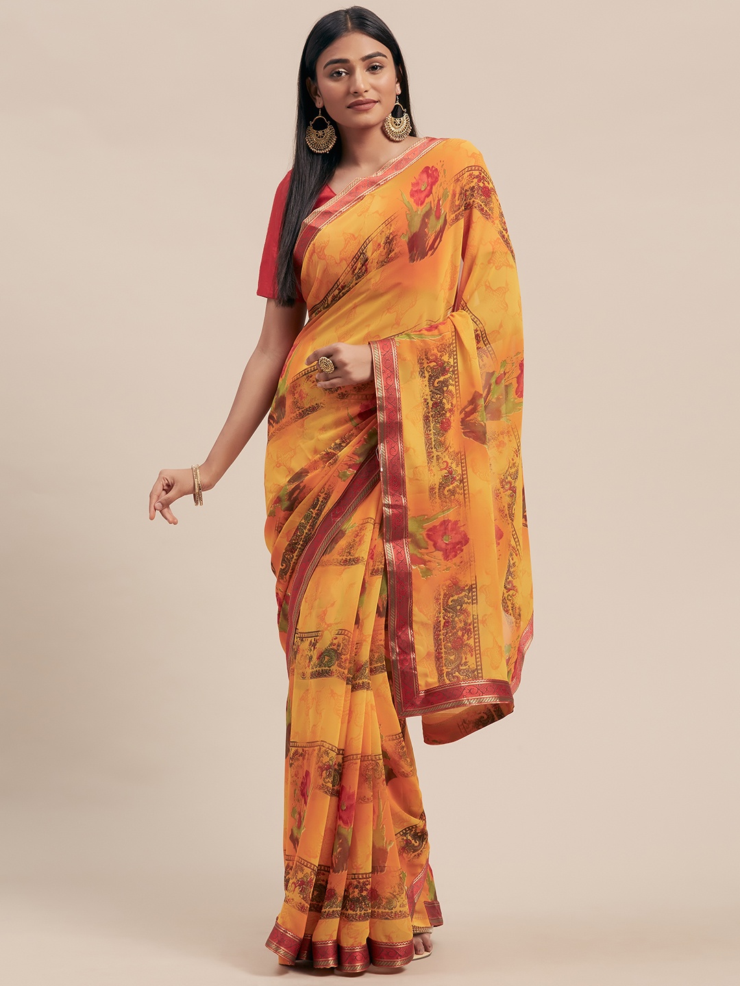 

KALINI Mustard Yellow & Orange Poly Georgette Printed Saree