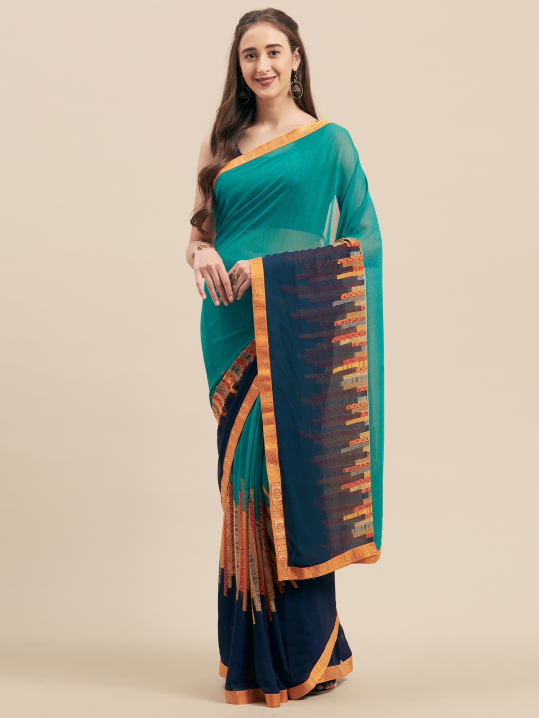 

KALINI Green & Navy Blue Poly Georgette Printed Saree