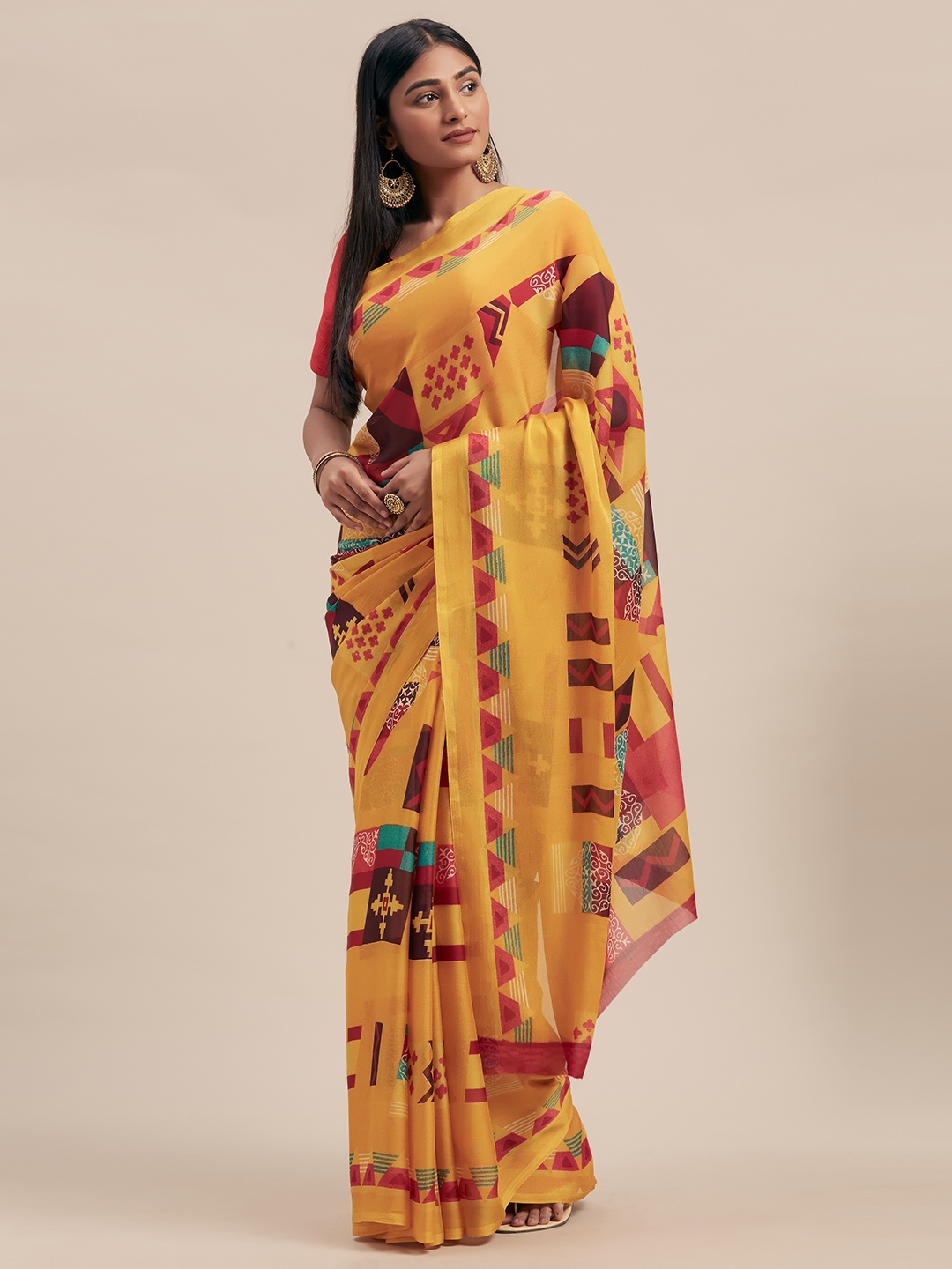 

Mitera Mustard Yellow & Pink Poly Georgette Printed Saree