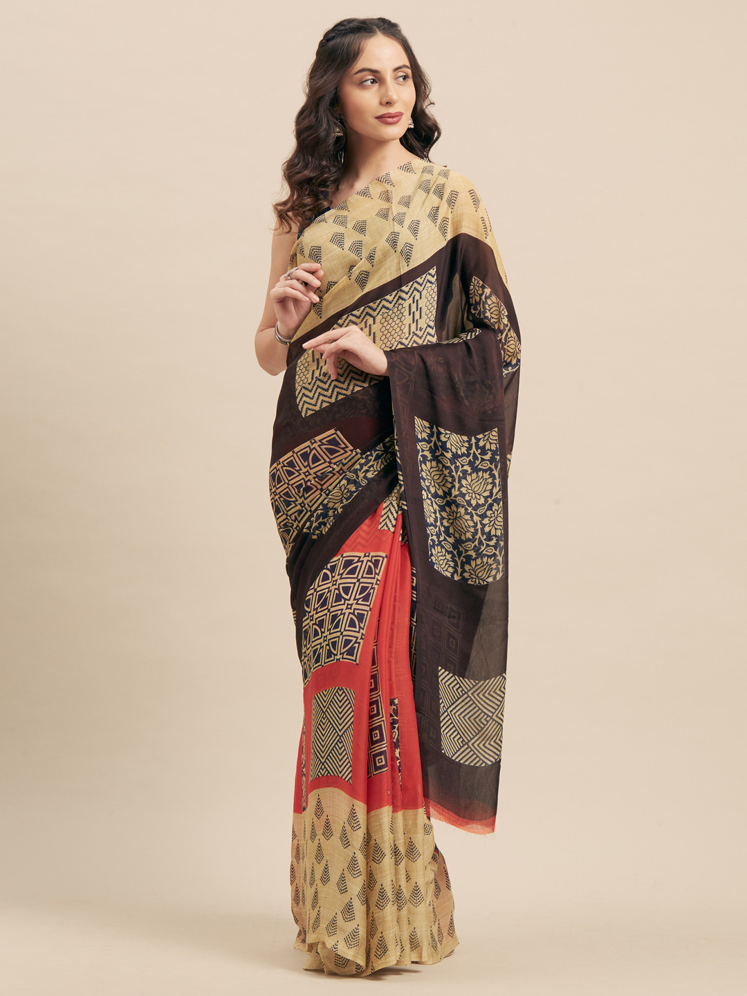 

Mitera Yellow & Brown Poly Georgette Printed Saree