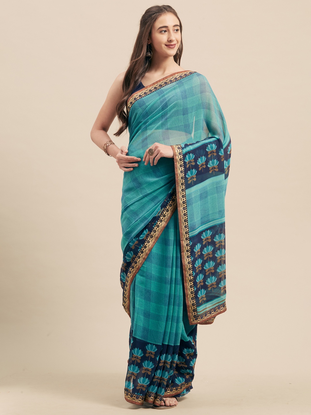 

Mitera Sea Green & Blue Poly Georgette Checked Saree