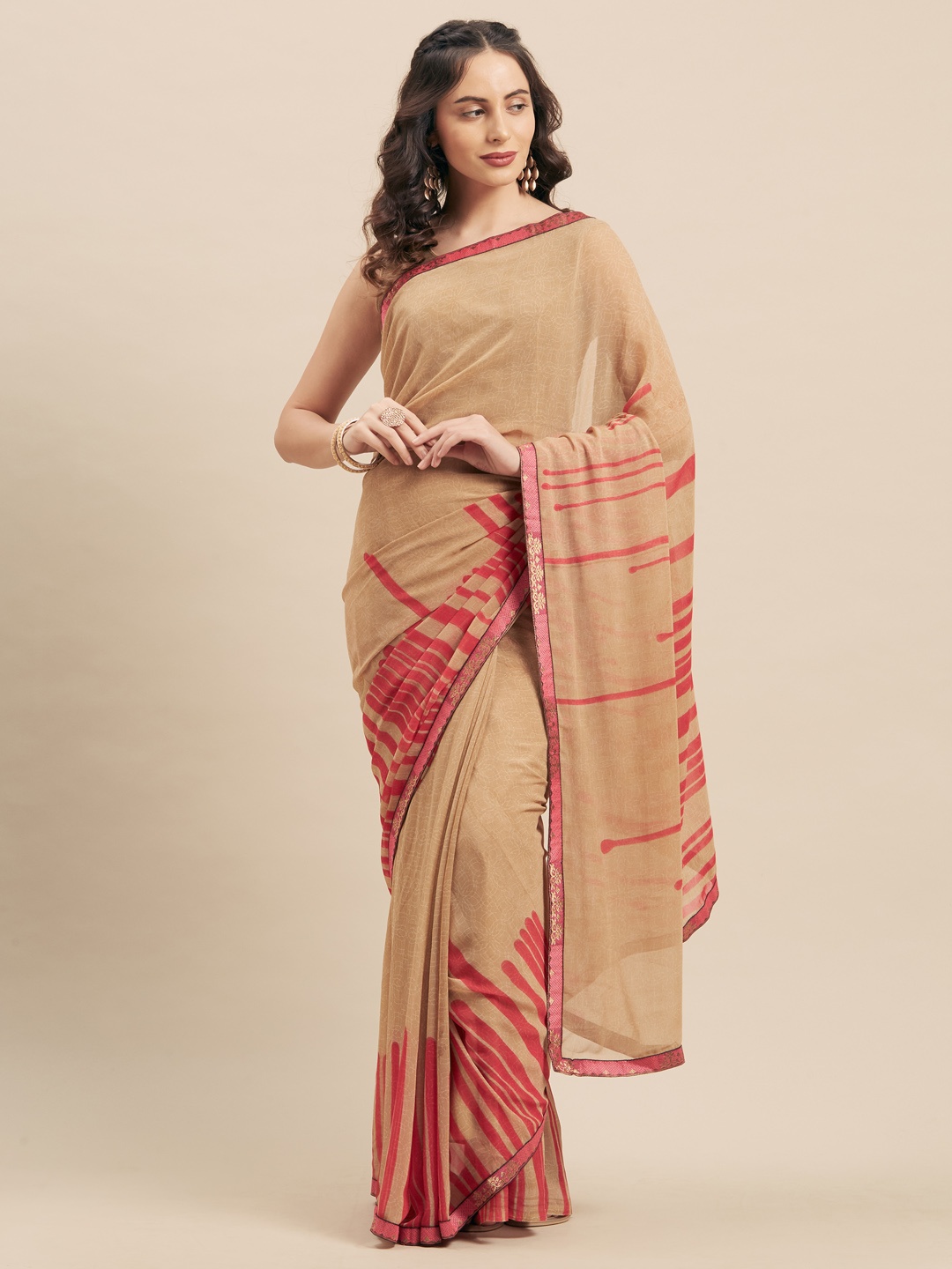 

KALINI Beige & Pink Poly Georgette Printed Saree