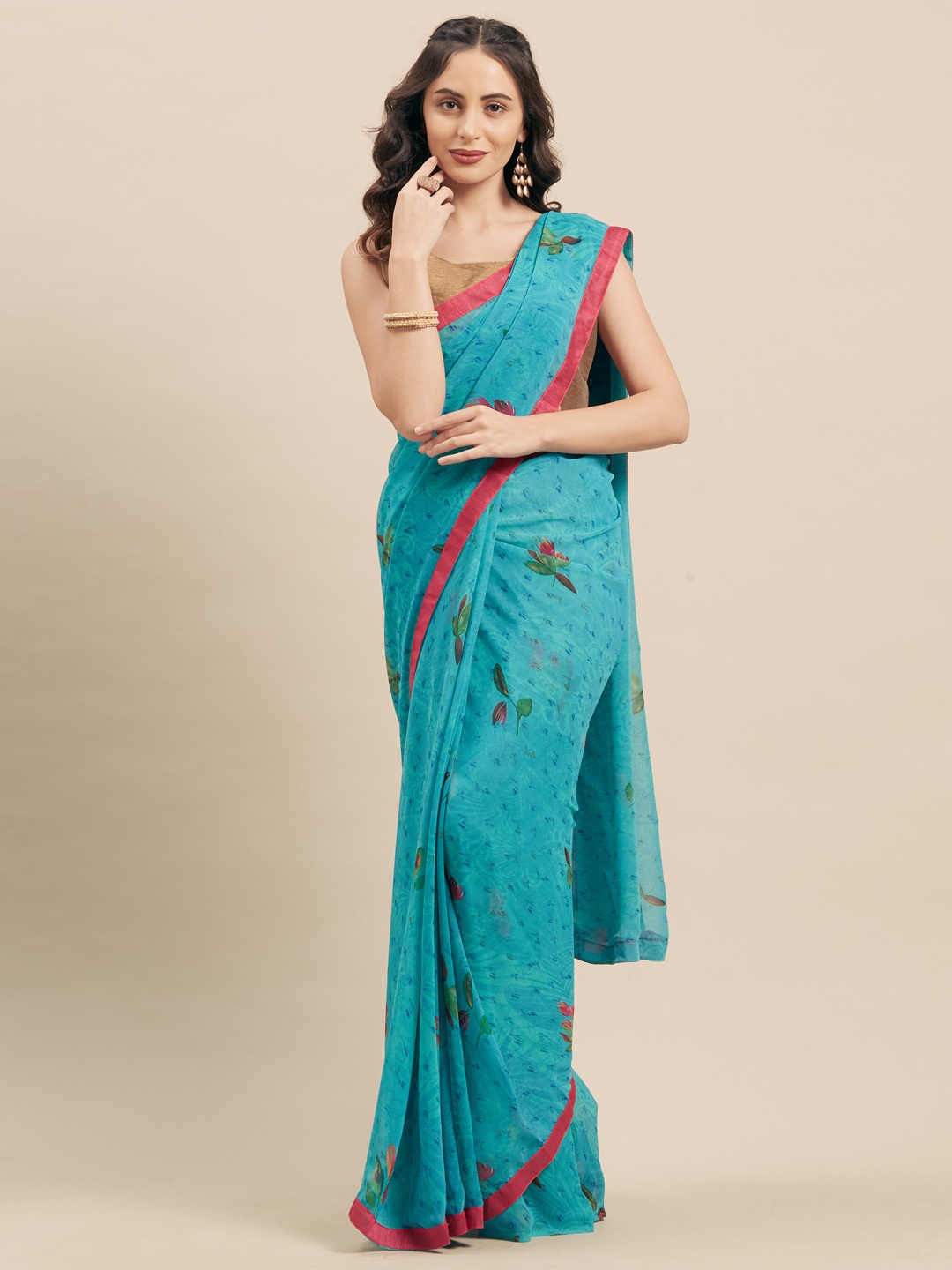 

Mitera Sea Green & Pink Poly Georgette Printed Saree