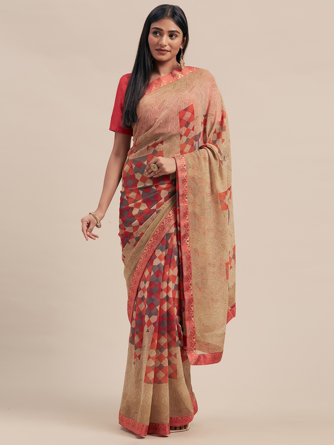 

KALINI Beige & Pink Poly Georgette Printed Saree