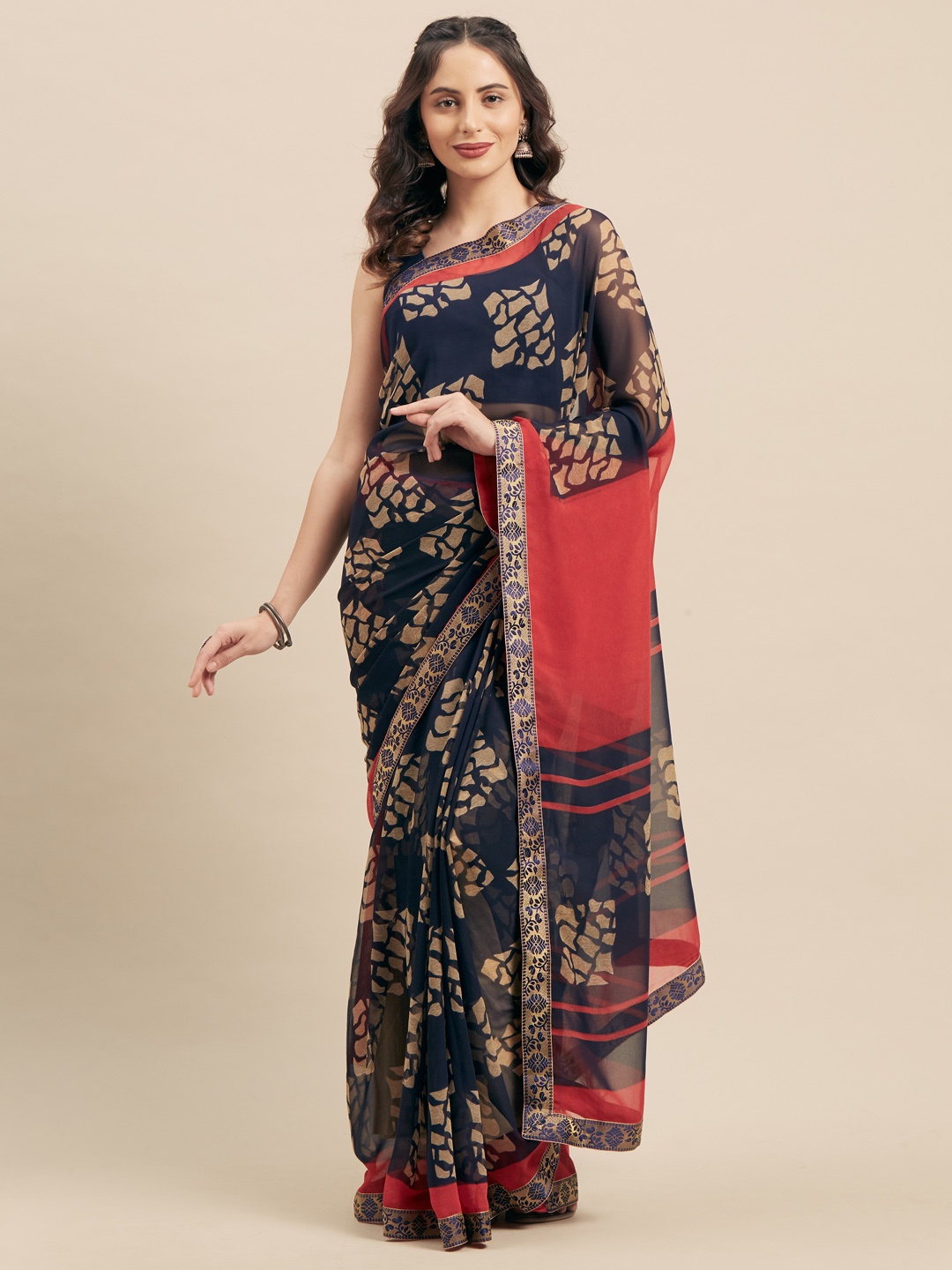 

KALINI Navy Blue & Beige Poly Georgette Printed Saree