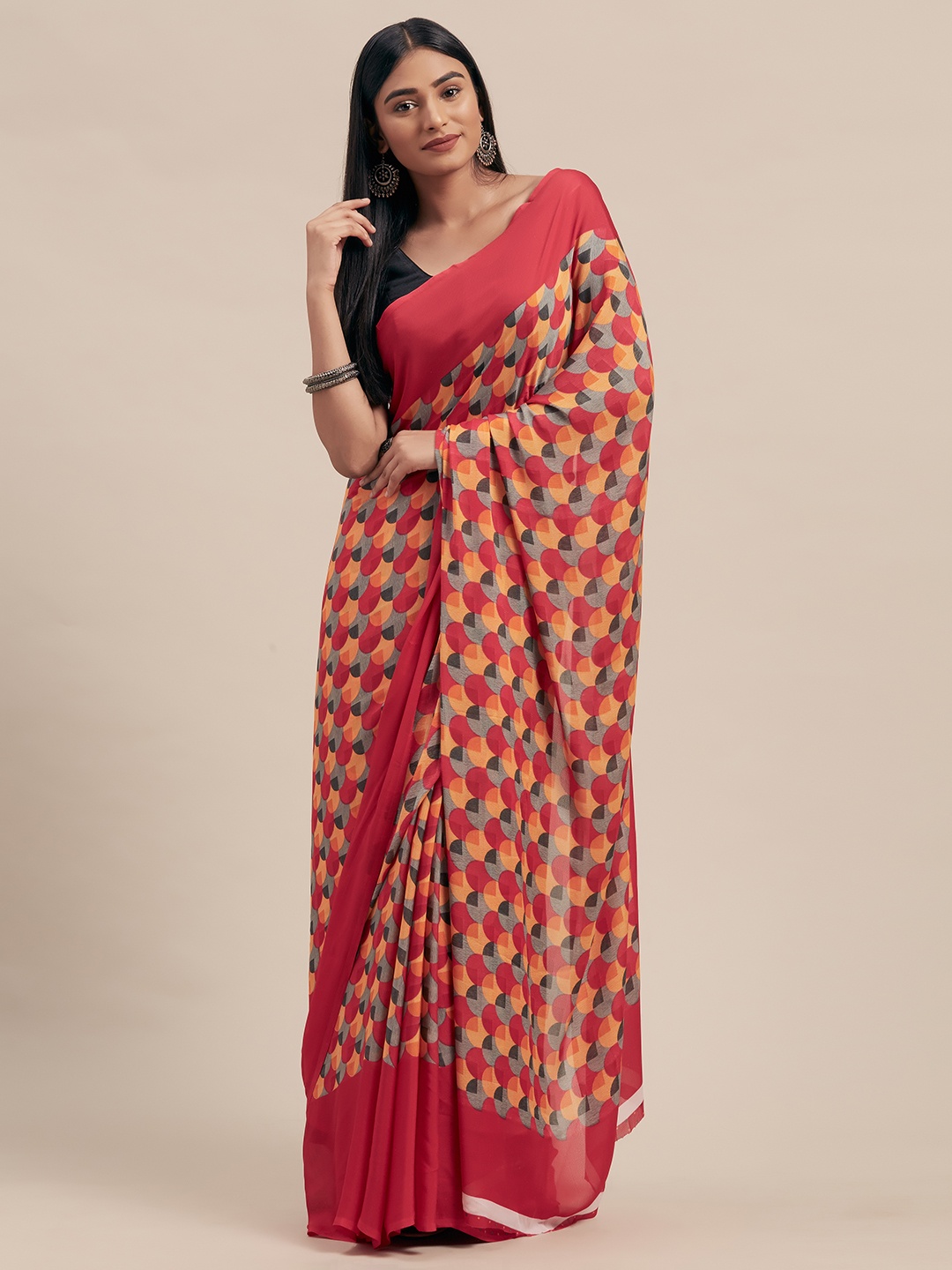 

Mitera Pink & Yellow Poly Georgette Printed Saree