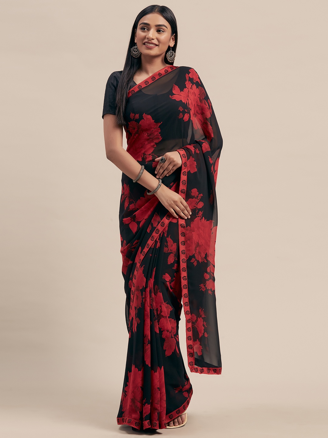 

Mitera Black & Pink Poly Georgette Printed Saree