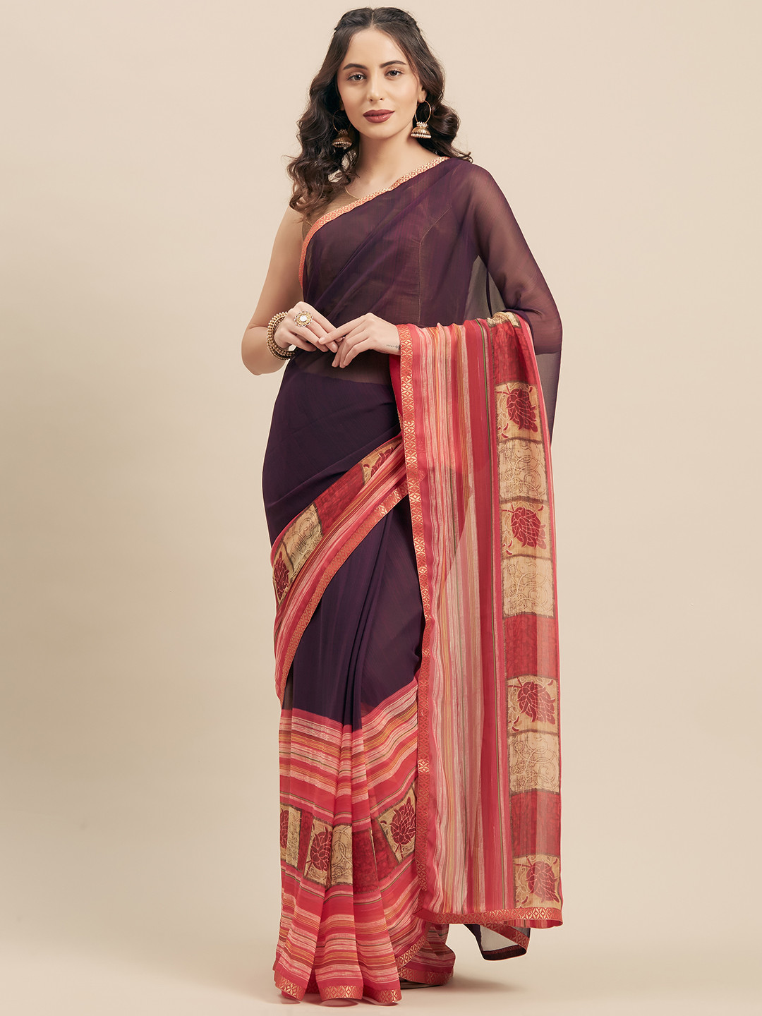 

Mitera Purple & Pink Poly Georgette Striped Saree