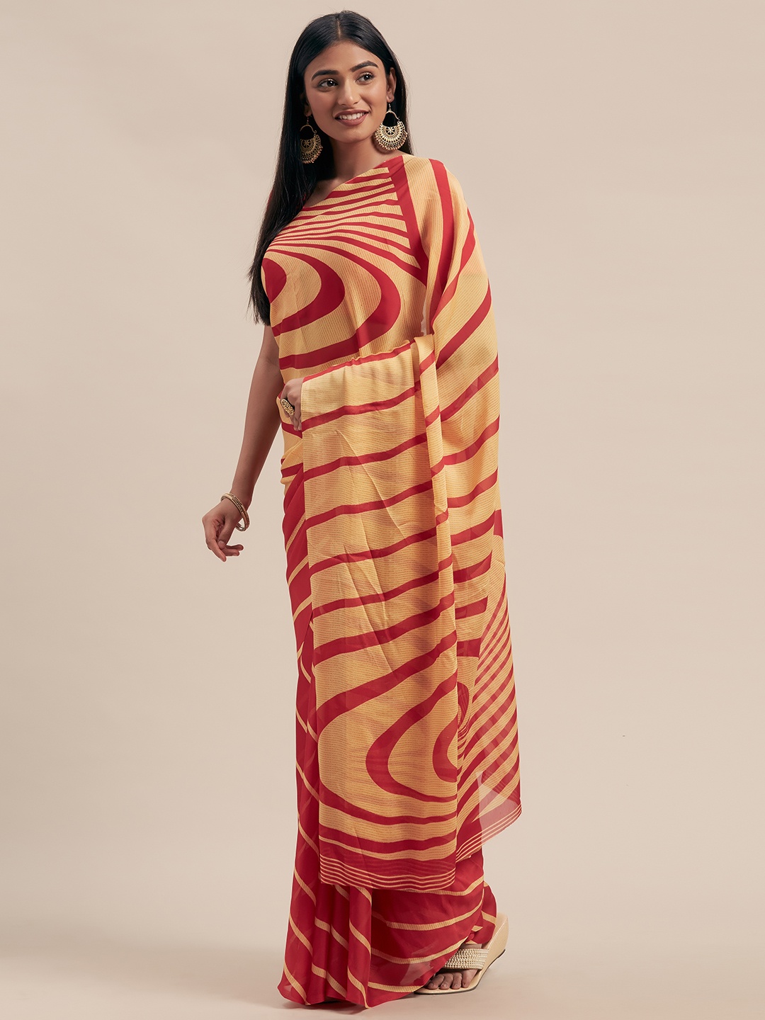 

Mitera Red & Yellow Poly Georgette Striped Saree
