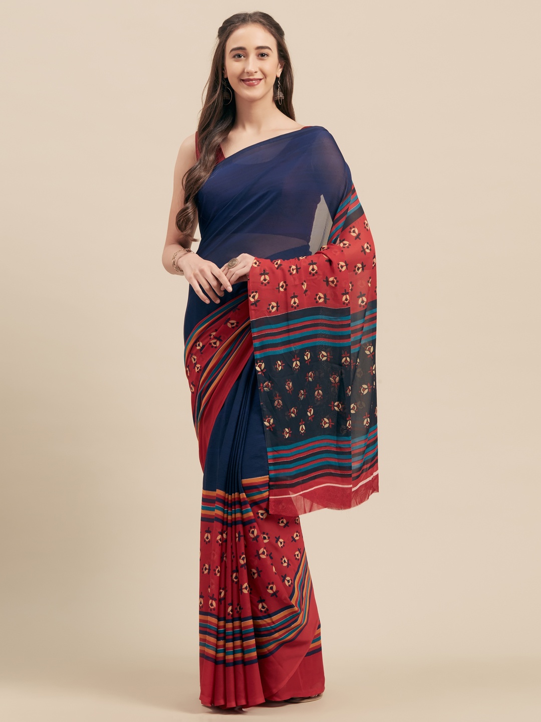 

KALINI Navy Blue & Red Poly Georgette Printed Saree