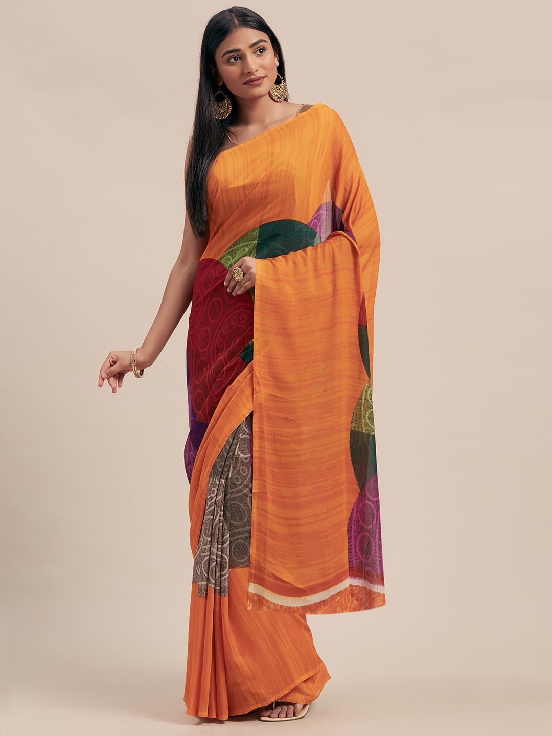 

KALINI Mustard Yellow & Blue Printed Poly Georgette Saree