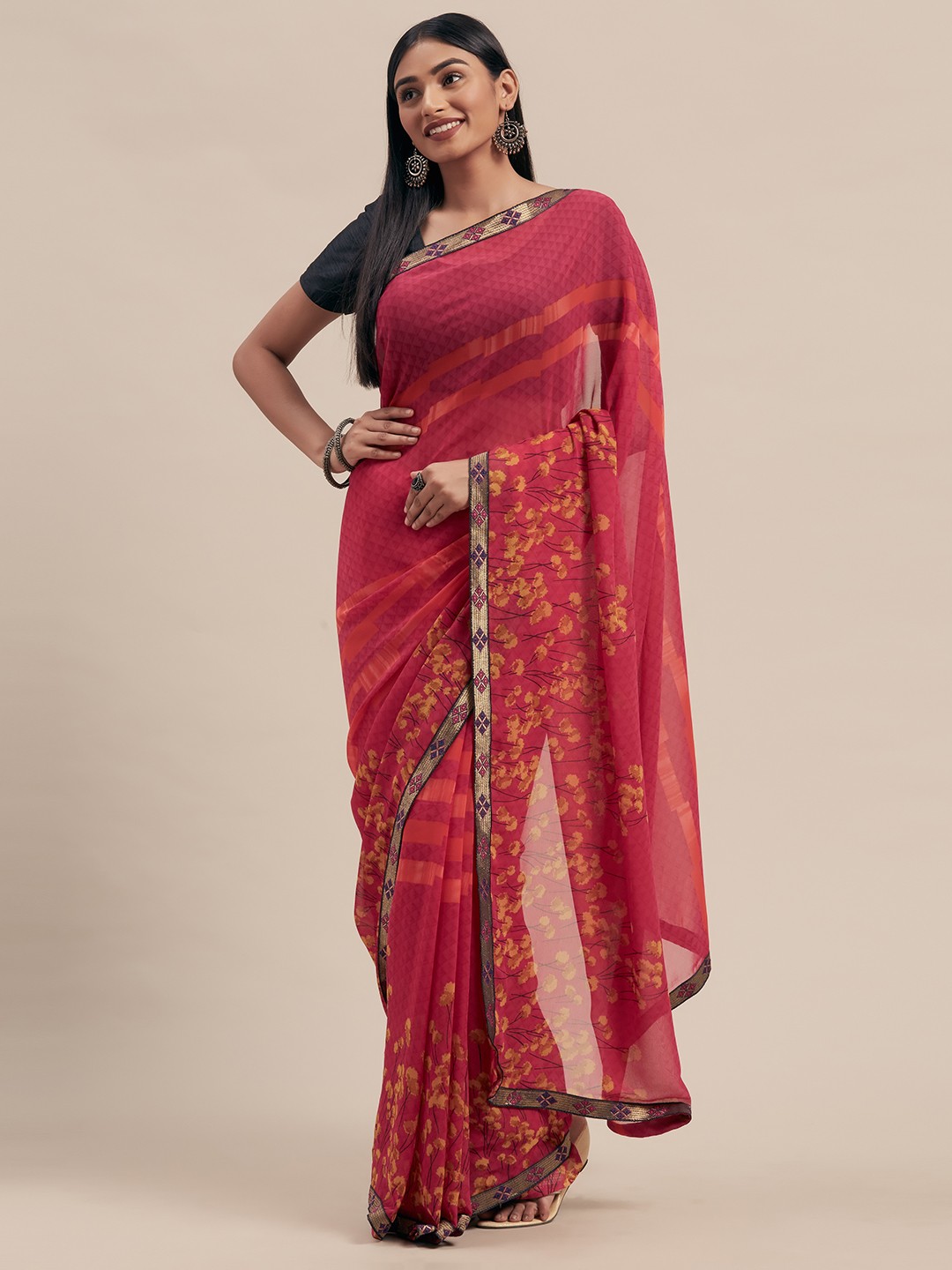 

Mitera Pink Printed Poly Georgette Saree