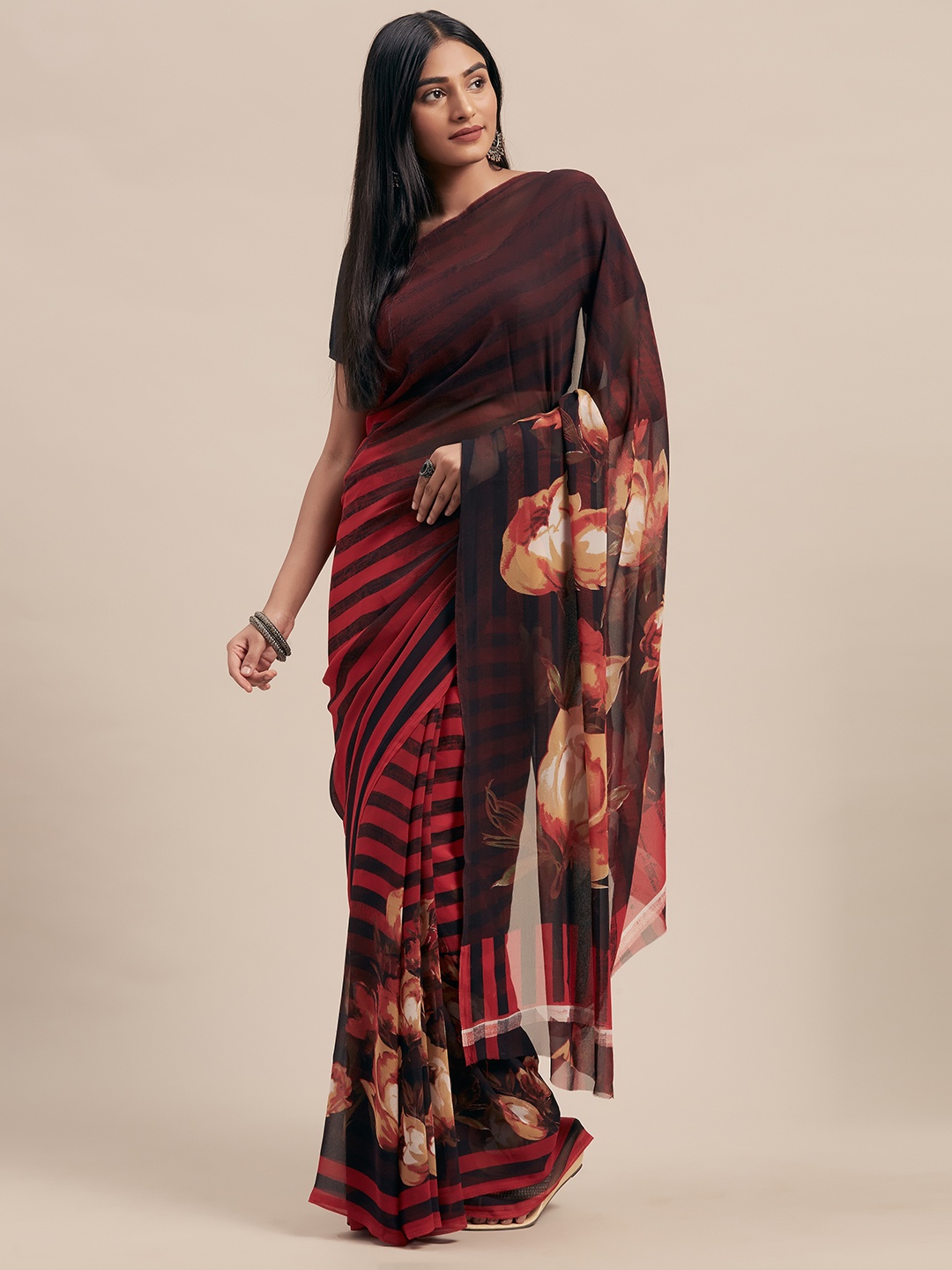 

Mitera Red & Black Poly Georgette Printed Saree