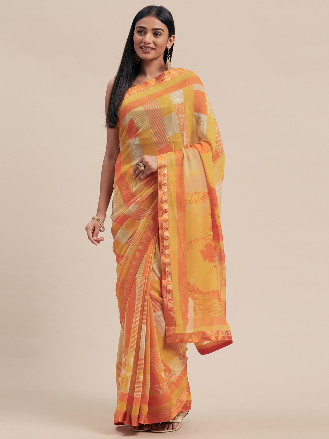 

Mitera Mustard Yellow & Orange Poly Georgette Printed Saree