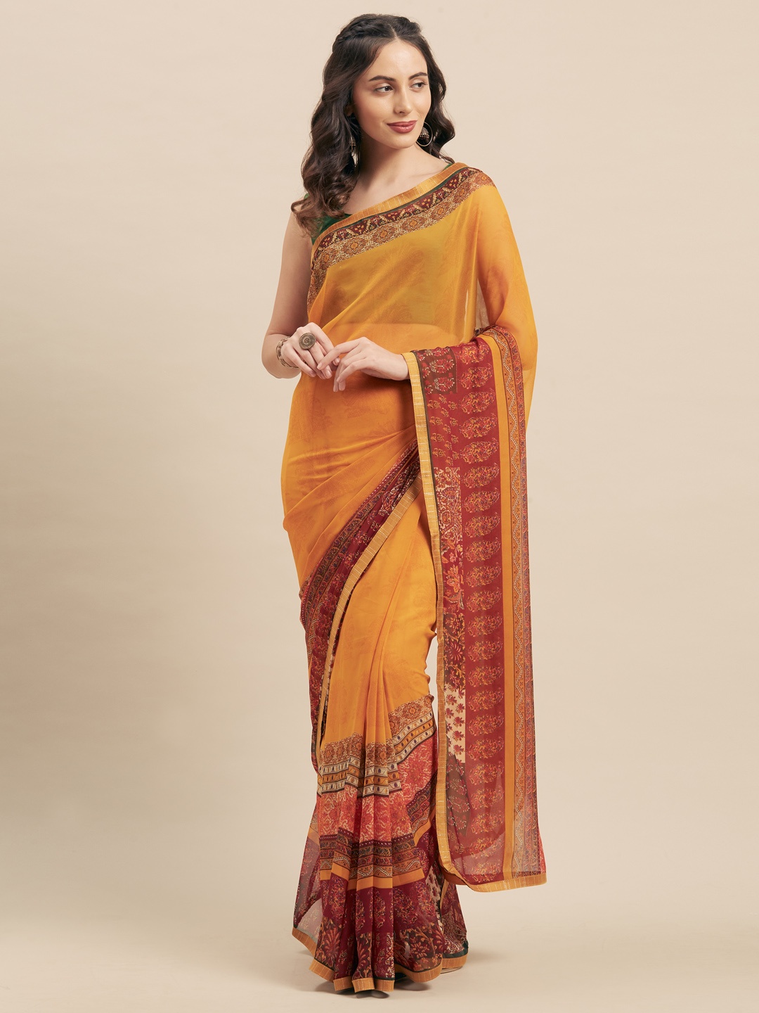 

KALINI Mustard Yellow Printed Poly Georgette Saree