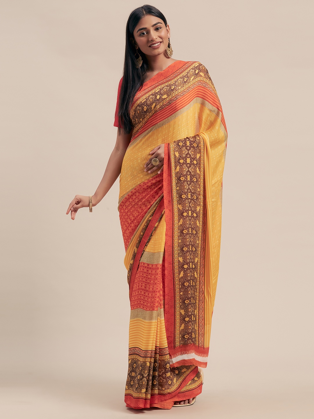 

Mitera Mustard Yellow & Red Poly Georgette Printed Saree