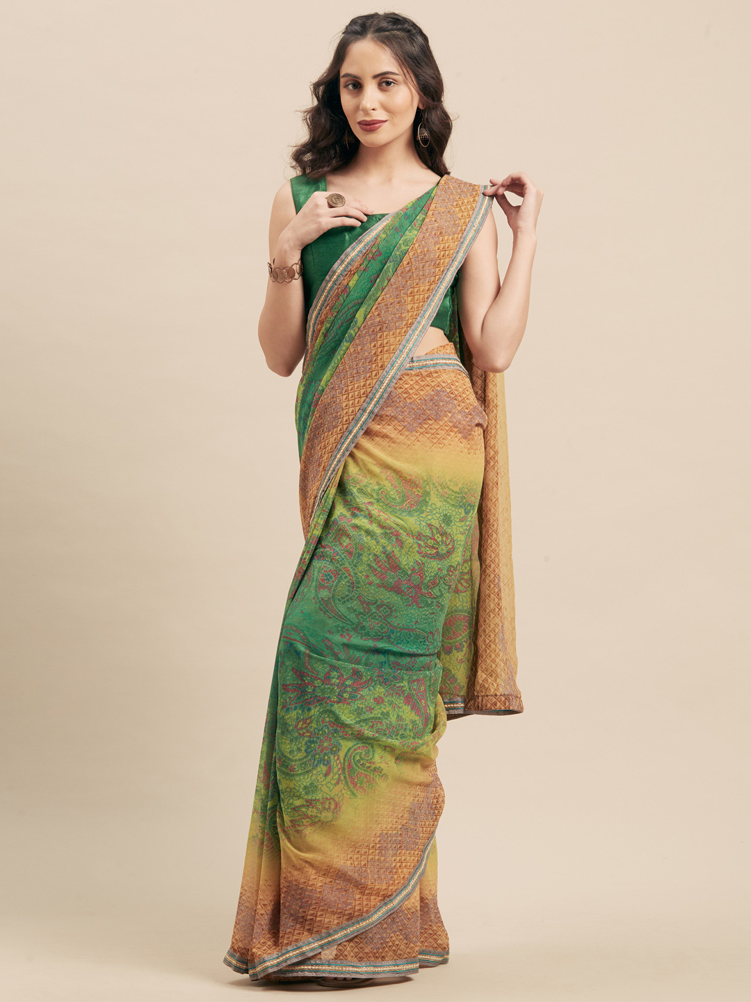 

Mitera Green & Beige Poly Georgette Printed Saree