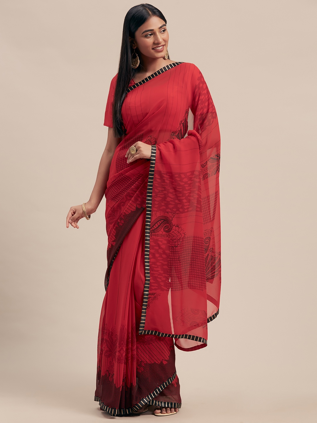 

Mitera Red & Black Poly Georgette Printed Saree