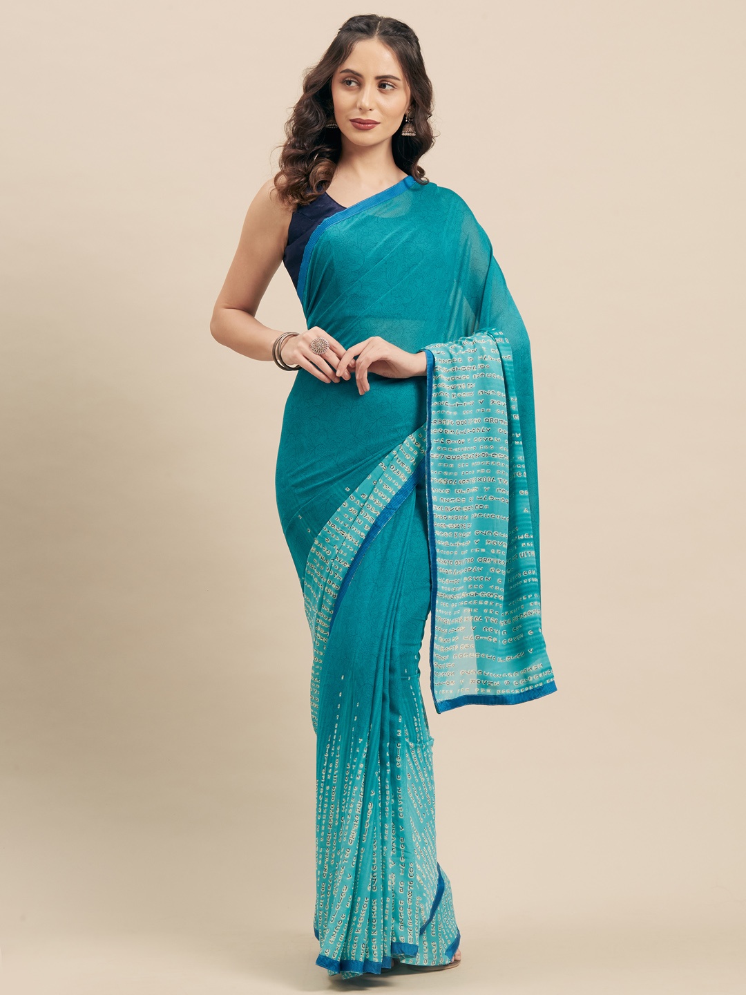 

KALINI Teal Blue Printed Poly Georgette Saree