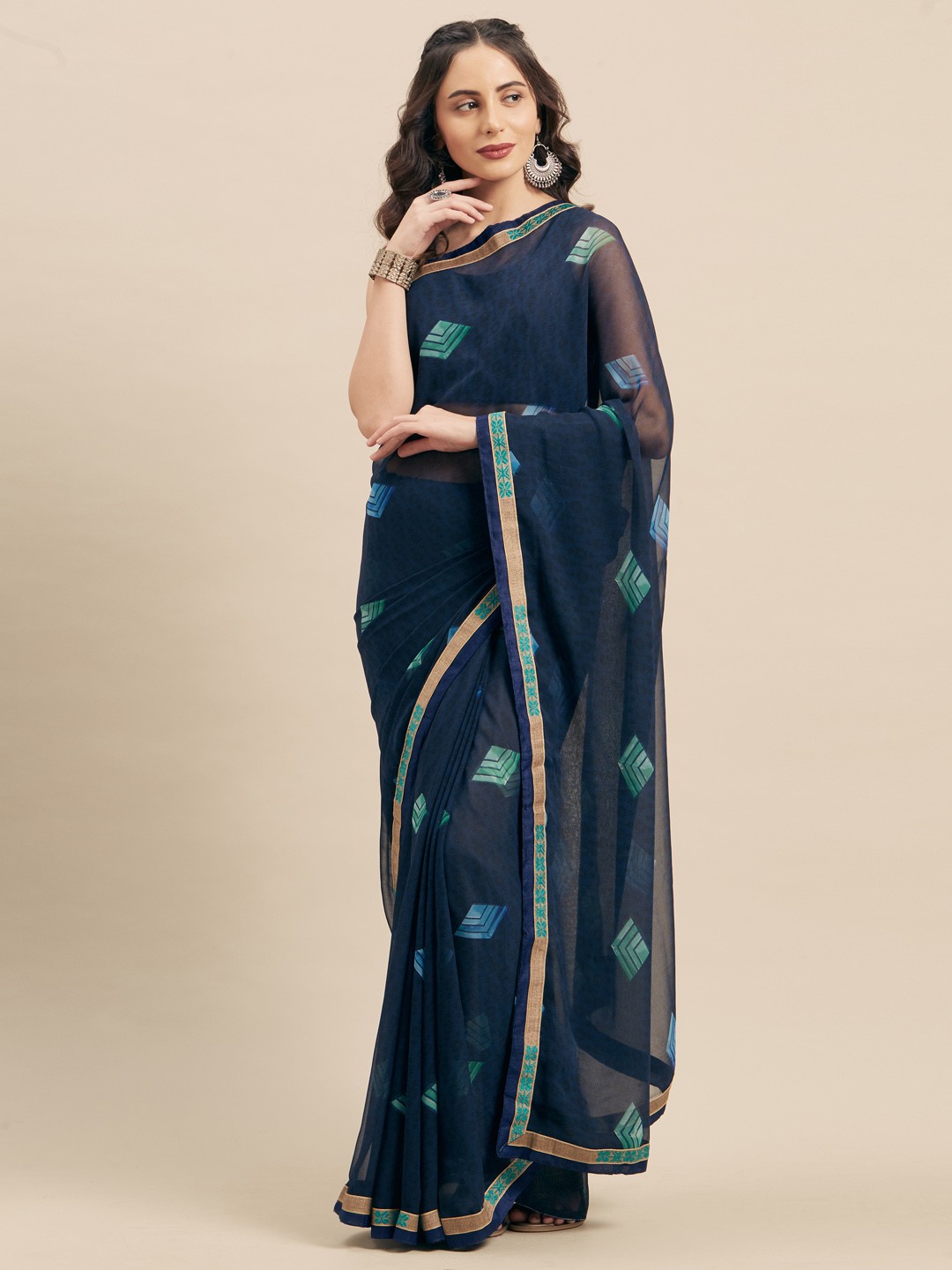 

KALINI Navy Blue Printed Poly Georgette Saree