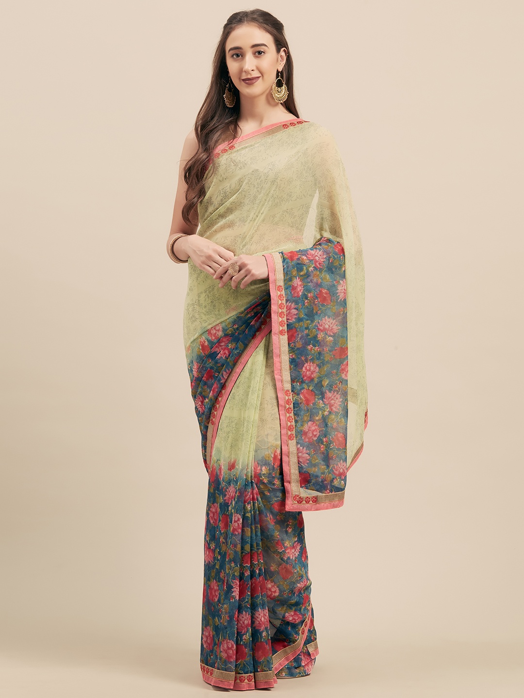 

Mitera Green & Blue Poly Georgette Printed Saree