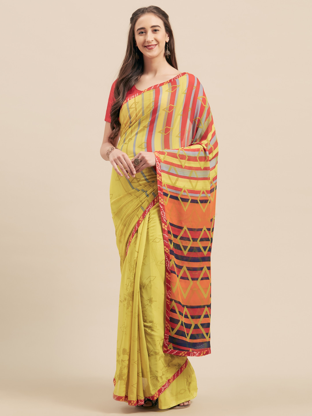 

KALINI Yellow & Orange Printed Poly Georgette Saree