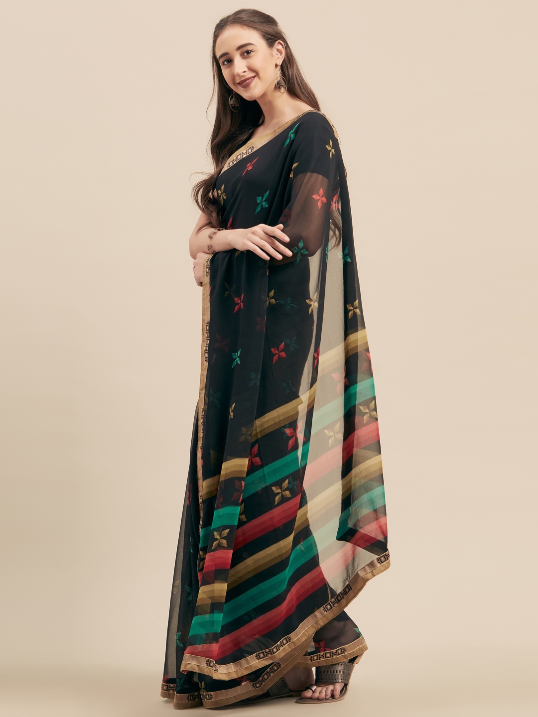 

KALINI Black & Green Poly Georgette Printed Saree