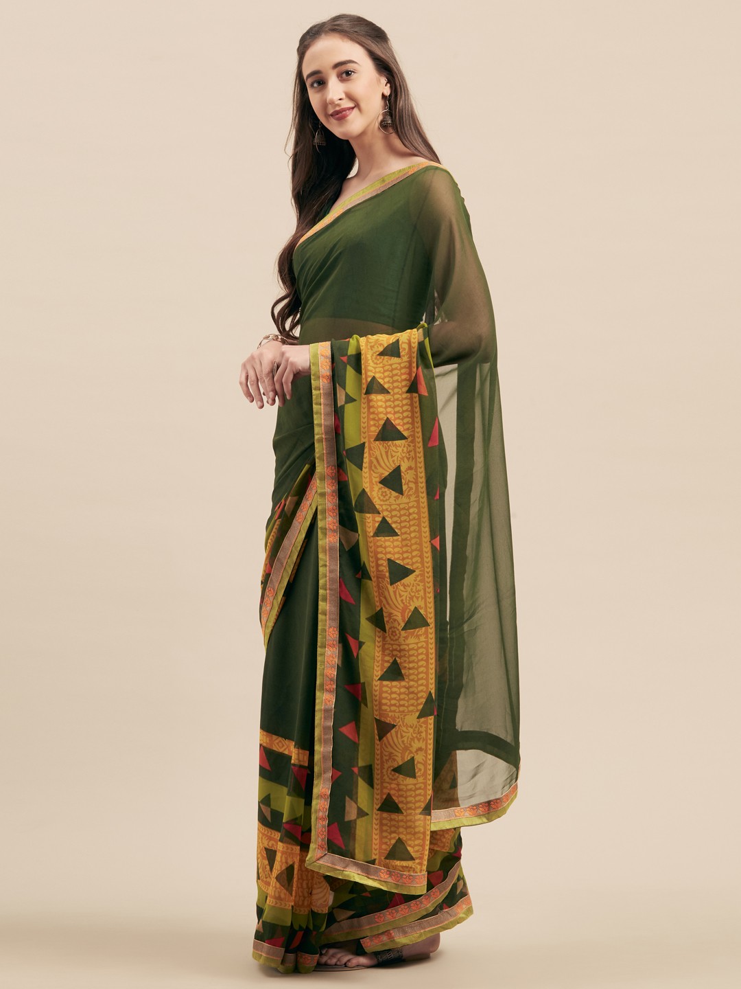 

KALINI Olive Green & Yellow Poly Georgette Solid Saree